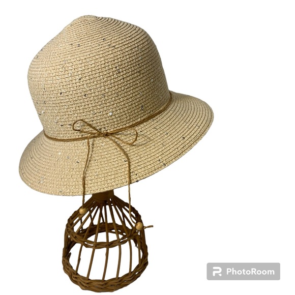 Tan Paper Bucket Hat with Silver Sequins One Size - Picture 1 of 7